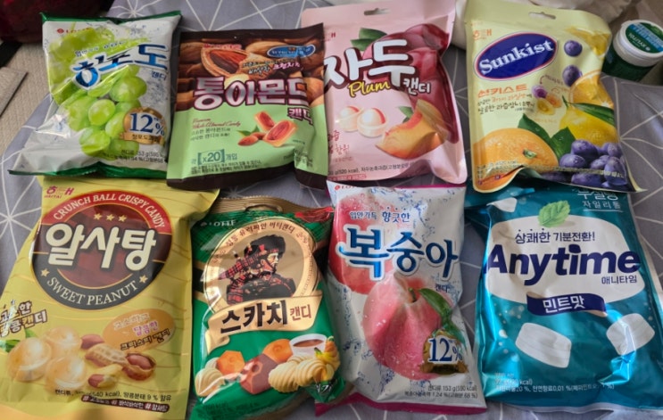 8종 캔디 종류별 사탕 개수 : 청포도, 통아몬드, 자두, 썬키스트(sunkist), 알사탕, 스카치, 복숭아, 애니타임 ...