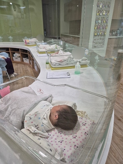 신생아실,유리창,신생아침대,아기