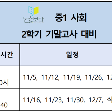 [논술보다 대치점] 중1 사회1 2학기 기말고사 특강반 안내 (숙명여중, 은성중) RSS 대표 이미지