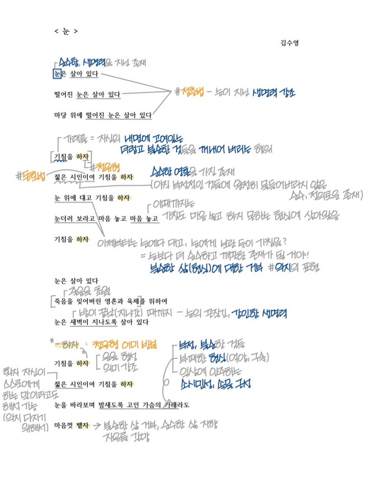 김수영 눈 원문 본문 분석 해설 해석 정리 필기 pdf : 네이버 블로그