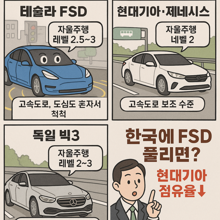 📌 [테슬라 FSD vs 현대·기아·제네시스 vs 독일 3사]자율주행 레벨 차이와, 한국에 FSD 도입 시 점유율 변화 전망까지 ...