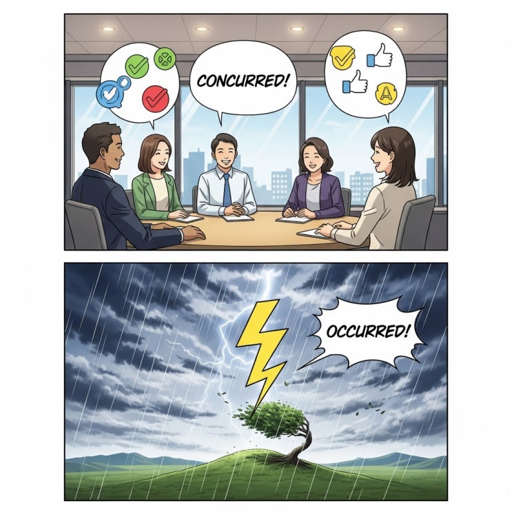 영어로 문득 생각이 떠오르다 occurred to 사람 뜻 / 의견이 일치하다 concurred 의미 / occur ...
