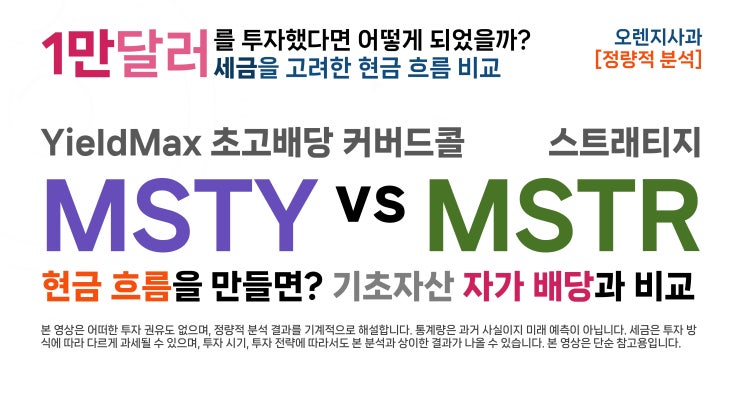 MSTY vs MSTR(스트래티지 - 커버드콜 세후 현금 흐름 (1만 달러 기준, 일드맥스 초고배당 커버드콜, +동영상 ...