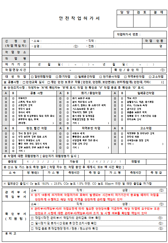 제조업 안전작업허가서 양식 : 네이버 블로그
