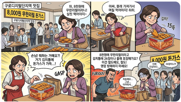 돈가스 무한리필 진상, 구로디지털단지역 8000원 식당서 김치통에 26장 몰래 포장