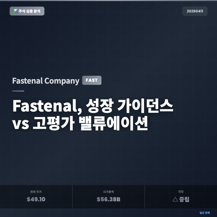 Fastenal (FAST) 주가 전망 2026년 04월 — 2026년 매출 +10.3% 성장, 밸류에이션 매력은? : 네이버 블로그