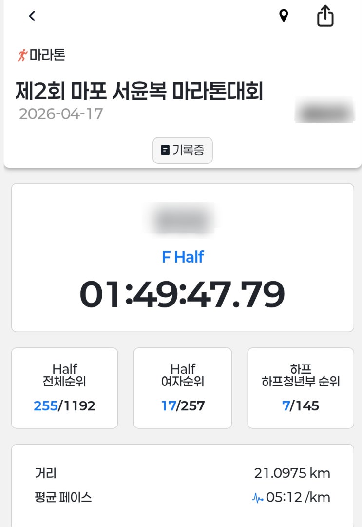 제2회 마포 서윤복 마라톤 대회 하프 참가후기(26.4.19)