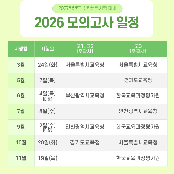 2027학년도 수능대비 2026년 고등학교 1 2 3학년 모의고사 일정