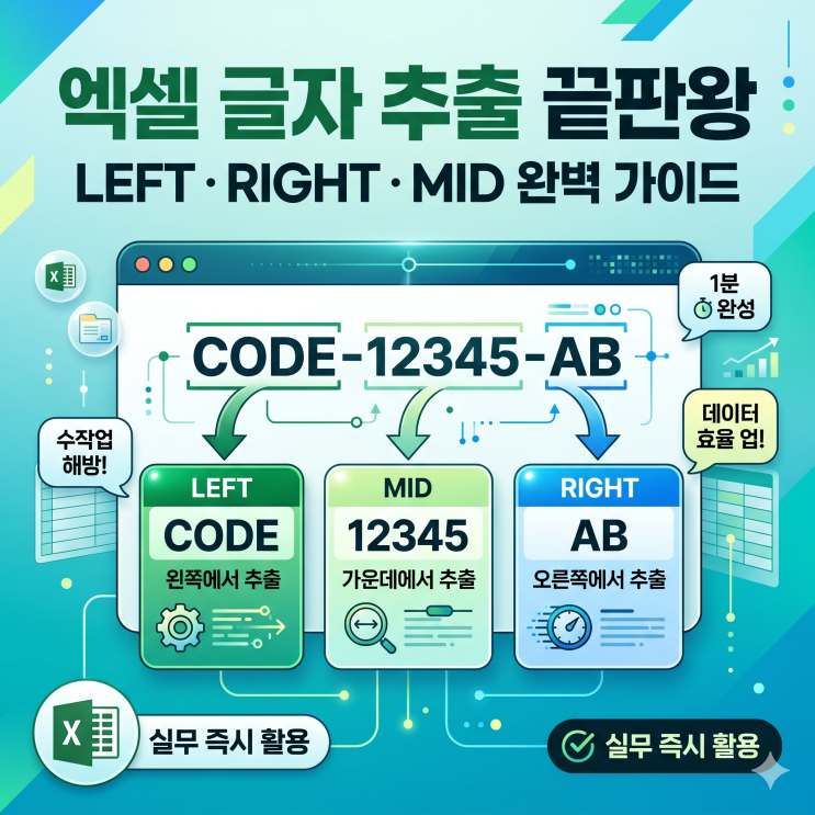 엑셀 글자 추출 끝판왕: LEFT, RIGHT, MID 함수로 수작업 텍스트 나누기 1분 만에 끝내기 : 네이버 블로그