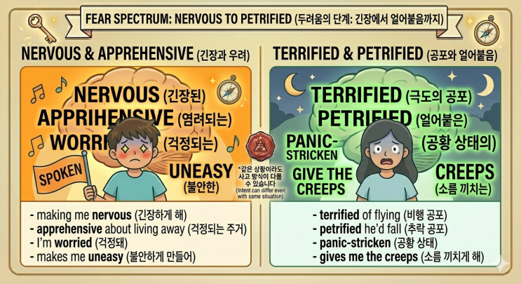 두려움의 크기와 성격에 따라 골라 쓸 수 있는 **'Afraid'**의 유의어들 11개 정리 비교; petrified ...