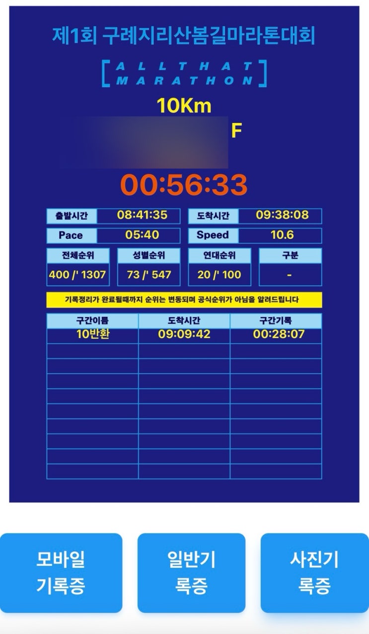 제1회 구례지리산봄길마라톤대회 여자10km 완주 후기(기록, 페이스, 기념품)