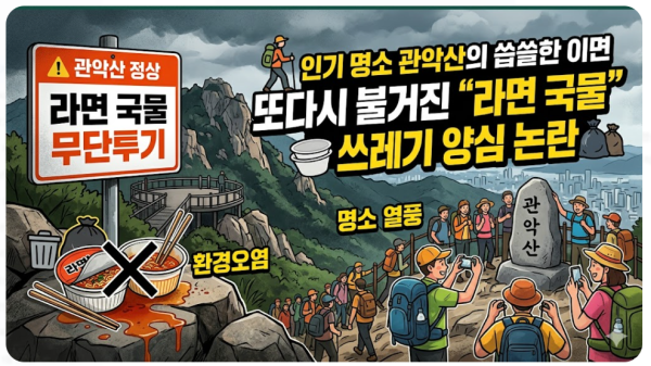 관악산 정상 라면 국물 쓰레기 논란 정기 명소 열풍 속 등산객 매너 논란