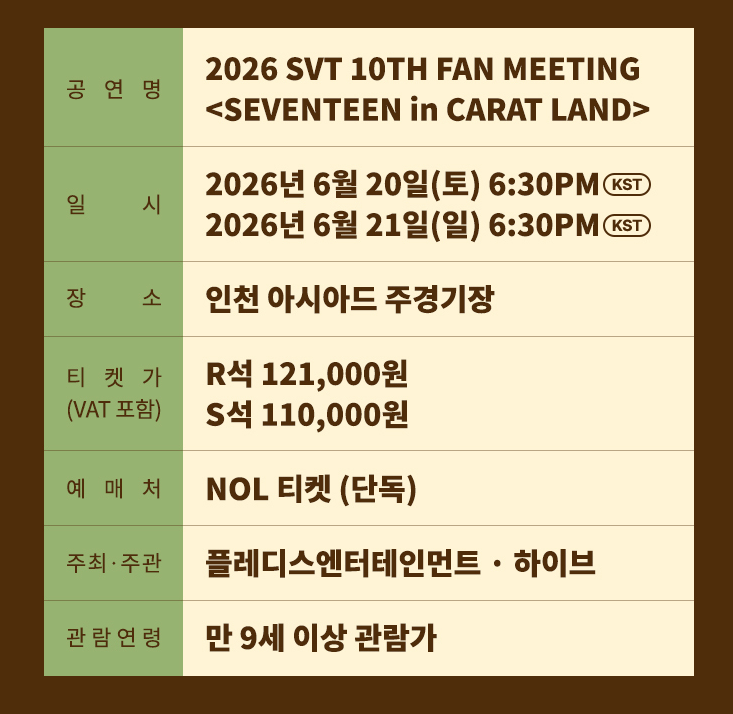 [2026 세븐틴 캐럿랜드] 10주년 팬미팅 예매 일정, 좌석, 기본...