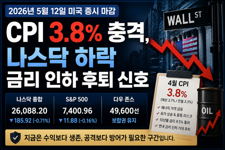 2026년 5월 12일 미국 증시 마감 | CPI 3.8% 충격, 나스닥 하락과 금리 인하 후퇴 신호 : 네이버 블로그