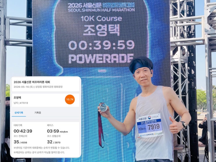 🏃☀️ 39:59, 턱걸이, 2026 서울신문 하프마라톤 10K 완주 후기, 더워도 너무 더웠던..