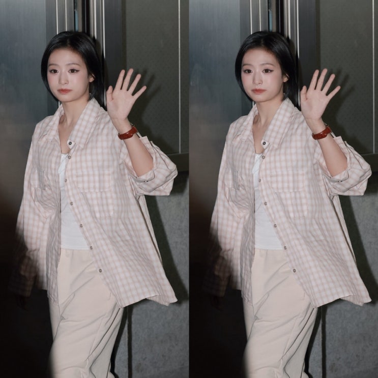 베이비몬스터 아현 연핑크 체크 셔츠 옷 착장 정보
