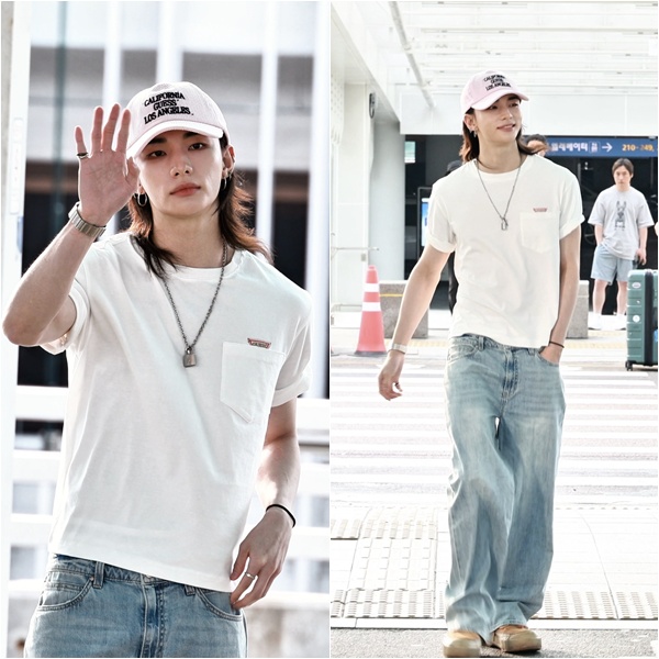 스트레이키즈 현진 공항패션, 게스(GUESS) 청바지, 티셔츠...