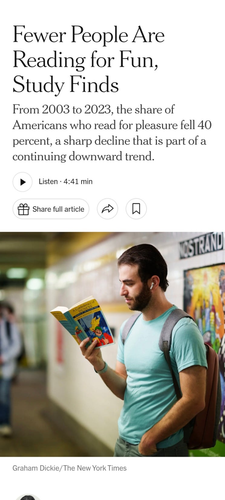 [영어] Fewer People Are Reading for Fun, Study Finds : 네이버 블로그