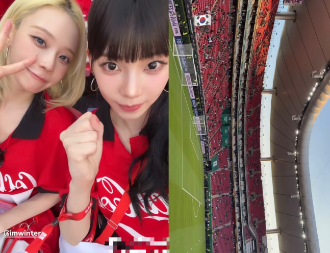 "선수님들 화이팅!" 에스파 카리나·윈터, 멕시코 관중석 빛낸...