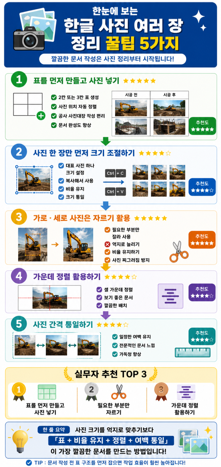한글팁 4 안녕하세요^^ 실무에 도움이 되는 IT·CAD·조경 자료를 공유하고 있는 블로그주인장 난봉꾼입니다^^ 공사사진대장이나 작업일지, 보고서를 작성하다 보면사진이 10장, 20장... 효과 ✔ 전문적인 문서 느낌 ✔ 가독성 향상사진정리 방법 비교 방법 추천도 비율 유지 가로·세로 동일 입력 ★★☆☆☆ ❌ 표 활용 ★★★★★ ⭕사진 자르기★★★★★ ⭕ 가운데...