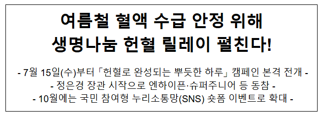 여름철 혈액 수급 안정 위해 생명나눔 헌혈 릴레이 펼친다!