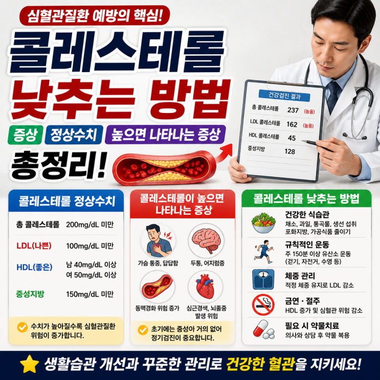 콜레스테롤 낮추는 방법, 정상수치부터 높으면 나타나는 증상까지 총정리