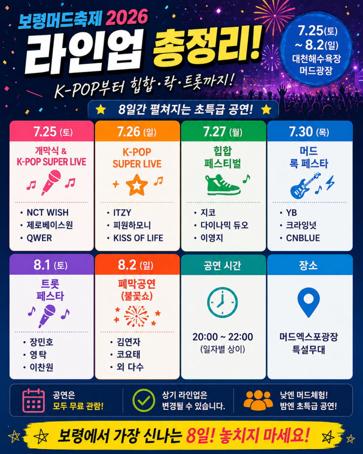 여름 축제 끝판왕, 2026 보령 머드축제 라인업 및 초특급 무료...