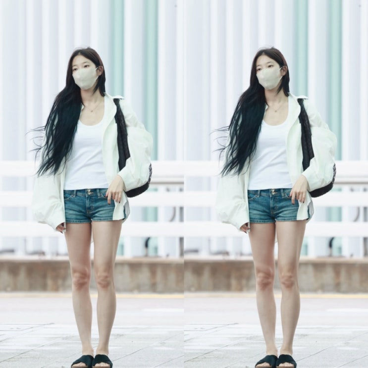 알고보면 조용한 럭셔리..르세라핌 카즈하 화이트 셔츠+데님 쇼츠