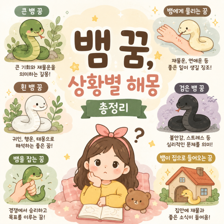 [해몽] 뱀 꿈 해몽 총정리｜검은 뱀, 흰 뱀, 큰 뱀, 물리는 꿈까지 상황별 의미