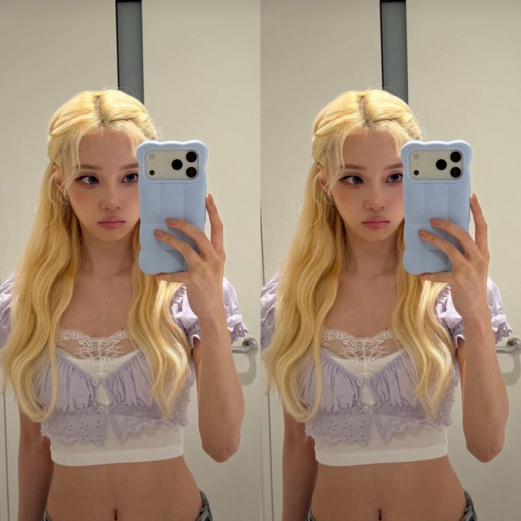 공주미모 머선일이야?..연보라색 크롭 블라우스 데님 반바지...