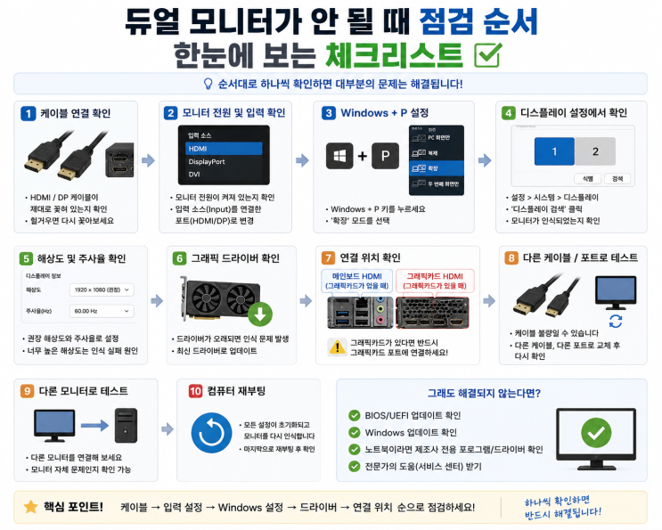 듀얼 모니터가 인식되지 않을 때? 가장 흔한 원인 10가지와 해결 방법 (윈도우 11 포함)