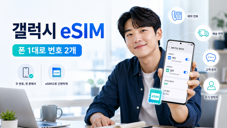 내 상황 진행 방향 유심 없이 오늘 안에 개통 L망eSIMK망을 꼭 써야 함 실물 유심으로 진행 기존 번호 유지 + 번호 추가 L망eSIM듀얼심갤럭시 S22이하 사용 실물 유심으로 진행 교통카드·모바일 사원증 필요 실물 유심이 안전 기존 유심은 그대로 두고eSIM만 얹으면 폰 하나로 번호 두 개를 쓰는 듀얼심이 됩니다. 개인 번호는 유지하고 업무 전화만 새...