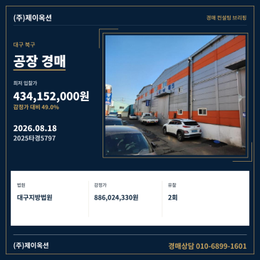 대구광역시 북구 노원동3가 189 공장 경매, 2회 유찰 후 최저가 입찰 검토 2025타경5797 썸네일