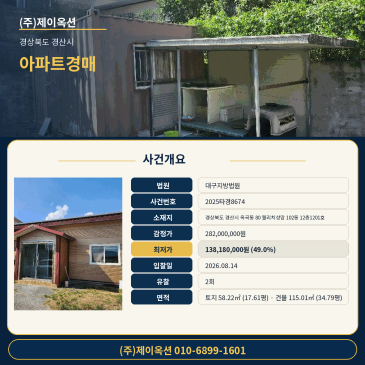 경상북도 경산시 옥곡동 80 웰리치성암 102동 12층1201호 아파트 경매, 감정가 2억8200만원 대비 최저가 1억3818만원 입찰 검토 2025타경8674 썸네일