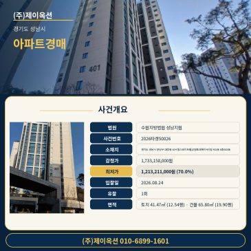경기도 성남시 분당구 대장동 634 힐스테이트판교엘포레에이4비엘 401동 6층603호 아파트 경매 감정가 대비 70% 최저가 입찰 분석 2026타경50026 썸네일