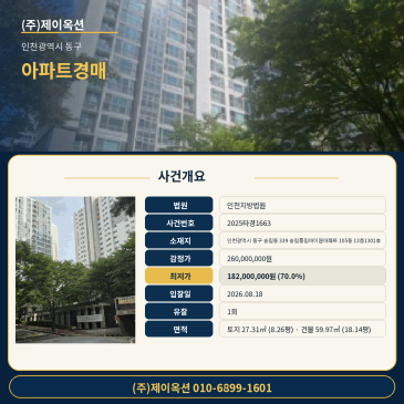 인천광역시 동구 송림동 339 송림풍림아이원아파트 105동 13층1301호 풍림아이원 13층 아파트 경매, 감정가 70% 최저가와 유찰 흐름 분석 2025타경1663 썸네일