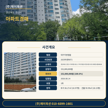 경상북도 경산시 옥곡동 832-1 두리마을 부영사랑으로 309동 6층606호 아파트 경매 감정가 대비 최저가 분석 및 권리관계 검토 2025타경9071 썸네일