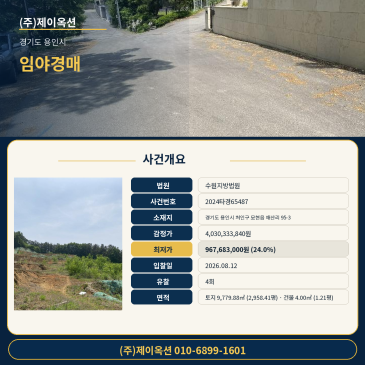 수원지방법원 임야 토지경매, 용인 모현읍 2,958.41평 최저가 9억6768만원대 2024타경65487 썸네일