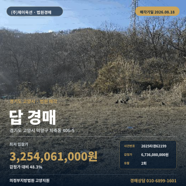 지축역 북동측 원거리 고양 지축동 농지 경매, 제시외건물과 지상권 확인할 의정부지방법원 고양지원 8월 매각 2025타경62199 3,254, 061,000원에 진행 썸네일