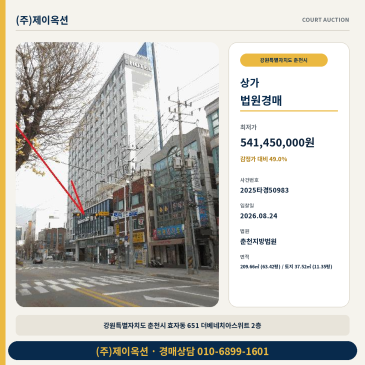 춘천 효자동 상가 경매 더베네치아스위트 2층 감정가 대비 49% 2025타경50983 썸네일