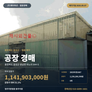 충청북도 음성군 공장 경매, 국도38호 인근 일괄매각과 함께 걸린 청주지방법원 충주지원 2025타경1067 썸네일