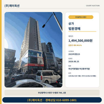부산 수영구 광안동 상가 경매 2회 유찰 최저가 49% 2025타경223 썸네일