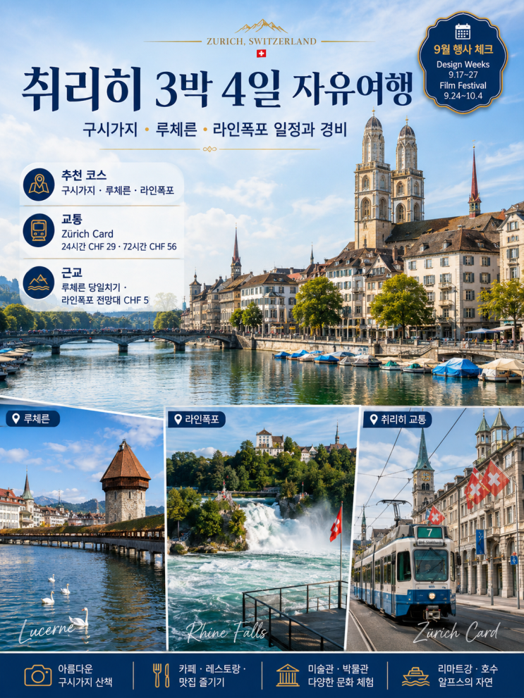 취리히 3박 4일 자유여행｜구시가지·루체른·라인폭포 일정과 경비