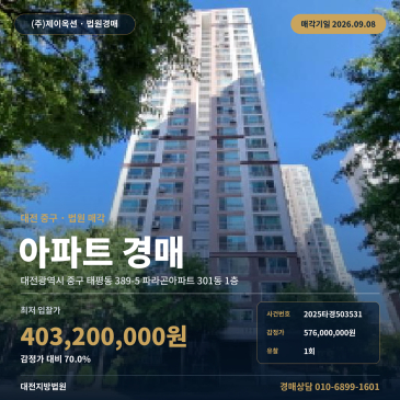 대전신평초 인근 태평동 파라곤아파트 301동 1층 1회 유찰 대전지방법원 아파트 경매 2025타경503531 썸네일