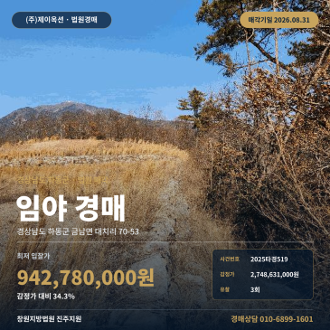 하동산지경매·임야ㅣ경상남도 하동군 금남면 대치리 70-53ㅣ2025타경519 썸네일
