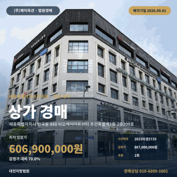 세종근린상가경매ㅣ세종특별자치시 반곡동 848 비오케이아트센터 주건축물제1동 2층209호ㅣ2025타경3729 썸네일