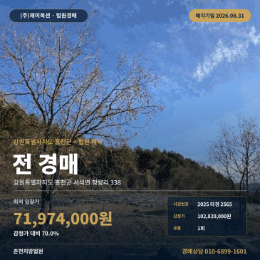 홍천농지경매·농사용토지ㅣ강원 홍천군 서석면 청량리 338ㅣ2025타경2565 썸네일