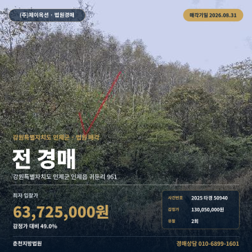 인제밭경매·농지ㅣ강원 인제군 인제읍 귀둔리 961ㅣ2025타경50940 썸네일