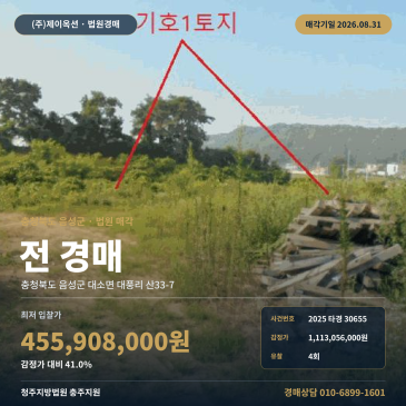 음성농지경매·농사용토지ㅣ충북 음성군 대소면 대풍리 산33-7ㅣ2025타경30655 썸네일