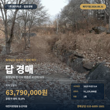 논산농사땅경매·농지ㅣ충남 논산시 양촌면 오산리 515ㅣ2025타경514 썸네일